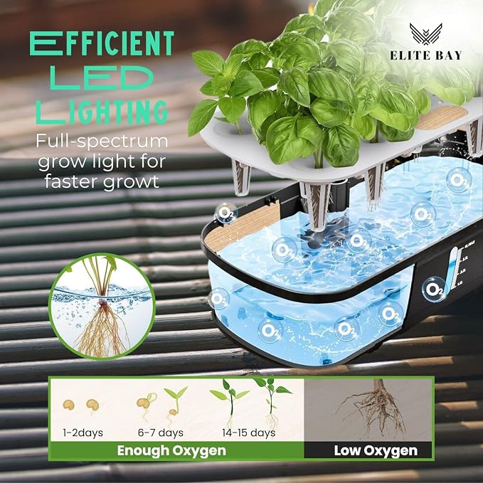 Hydroponic Growing System, 12 Pods, Black | Smart Garden with LED Display, Full-Spectrum Grow Light, 4L Water Tank, AU/US Plug, Soil-Free Planter Kit
