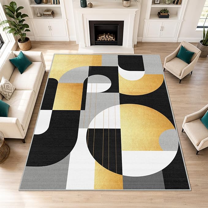 5x7 Black and Gold Geometric Modern Area Rug for Living Room Bedroom Abstract Large Rug Machine Washable Non-Slip Carpet for Dining Room Office