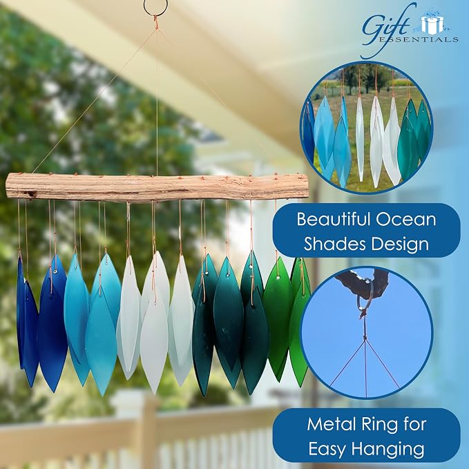 Blue Handworks Gradient Ocean Shades Glass Leaves Wind Chime | Sandblasted Glass and Found Wood Handcrafted Wind Chime