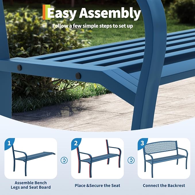 50" Outdoor Metal Garden Bench, Patio Steel Bench with Curved Backrest, Decorative Pattern, Weather-Resistant Porch Bench for Yard, Park, Deck, Backyard