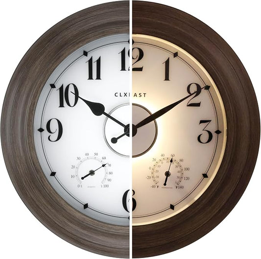 CLXEAST 24 Inch LED Illuminated Outdoor Clocks Waterproof with Thermometer & Hygrometer, Large Lighted Metal Wall Clock with Smart Night Light Sensor,Grey Oak Finish,House Warming Gifts New Home