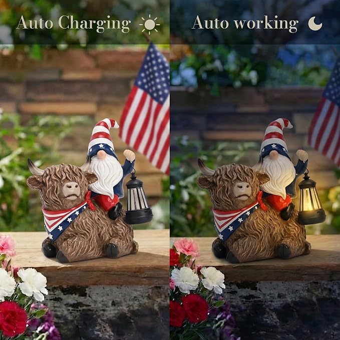 TERESA'S COLLECTIONS 4th of July Highland Cow Gnome Decorations with Solar Lantern, Memorial Day Resin Garden Yak Figurine for Home, Patriotic Independence Day USA 250th Anniversary Outdoor Decor 10"