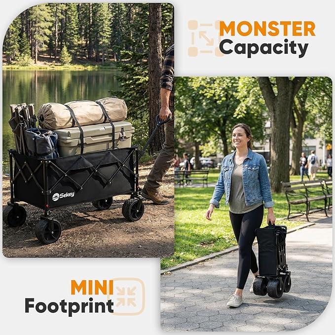 Sekey 250L Wagons Carts Foldable with Big All-Terrian Beach Wheels, Collapsible Heavy Duty Wagon, Extra Large Folding Wagon,Foldable Wagon for Camping, Garden, Sports. Black