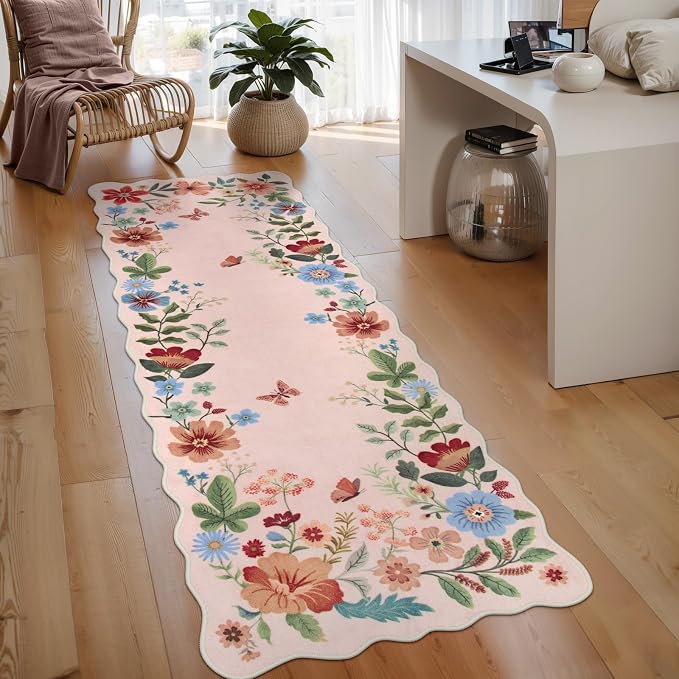 Lahome Floral Kitchen Runner, 2X6 Washable Runner Rug Non-Slip | Ultra-Thin Soft Hallway Rug Stain Resistant Boho Carpet for Bedroom Laundry Bathroom Flore, Light Pink