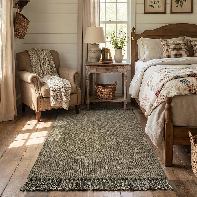 3' x 5' Indoor Entryway Rug, Boho Farmhouse Moss Green Kitchen Rug | Modern Hand-Woven Soft Bedside Rug Low Pile Front Door Mat, Washable Bathroom Rugs for Laundry Nursery Bedroom Patio