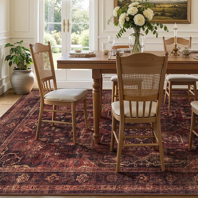 8x10 Dark Red Rugs for Living Room, Vintage Distressed Oriental Medallion Washable Large Rug for Bedroom Under Bed, Traditional Moody Low Pile Thin Soft Carpet Rugs for Dining Room Office