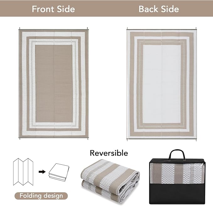 Garvee Patio Rug 10x20 Outdoor Rug Plastic Straw Rugs Lightweight Carpet Waterproof Reversible Mat Easy Clean Foldable Large Camping Rugs for Backyard Porch Beach Balcony Deck Picnic Panel Grey Brown