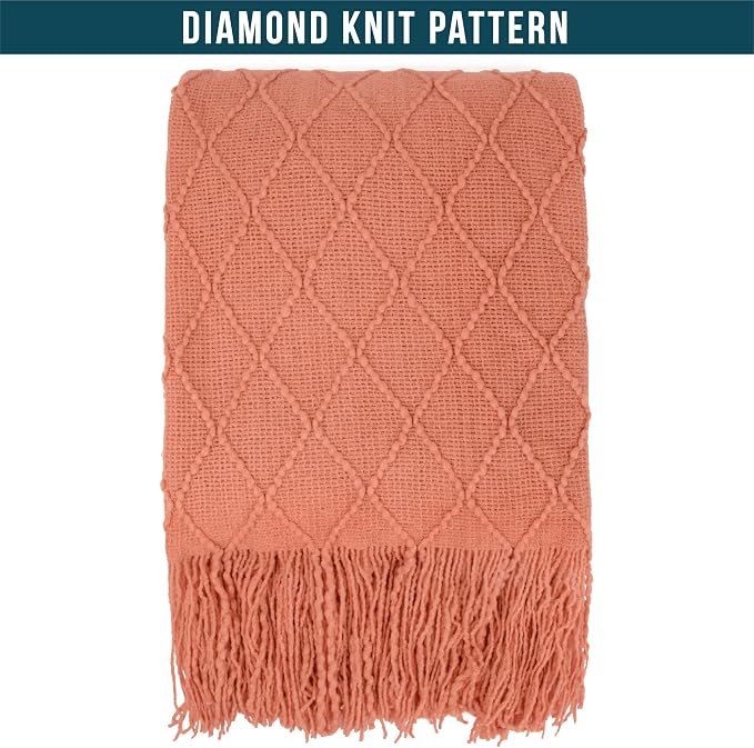 PAVILIA Coral Orange Knit Throw Blanket for Couch Bed, Soft Knitted Farmhouse Sofa Throw for Living Room, Lightweight Decorative Fall Throw Blanket for Chair, Outdoor Textured Boho Blanket, 50x60