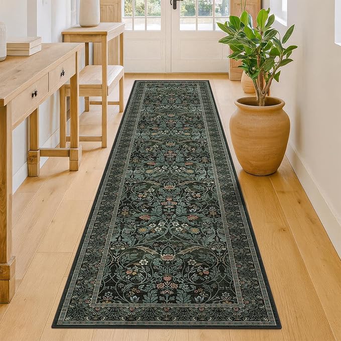 2x10 Long Hallwag Runner Rug 10ft, Washable Dark Green Indoor Floor Mats for Entryway Non Slip, Flower & Botanical Pattern Stain Resistant Carpet