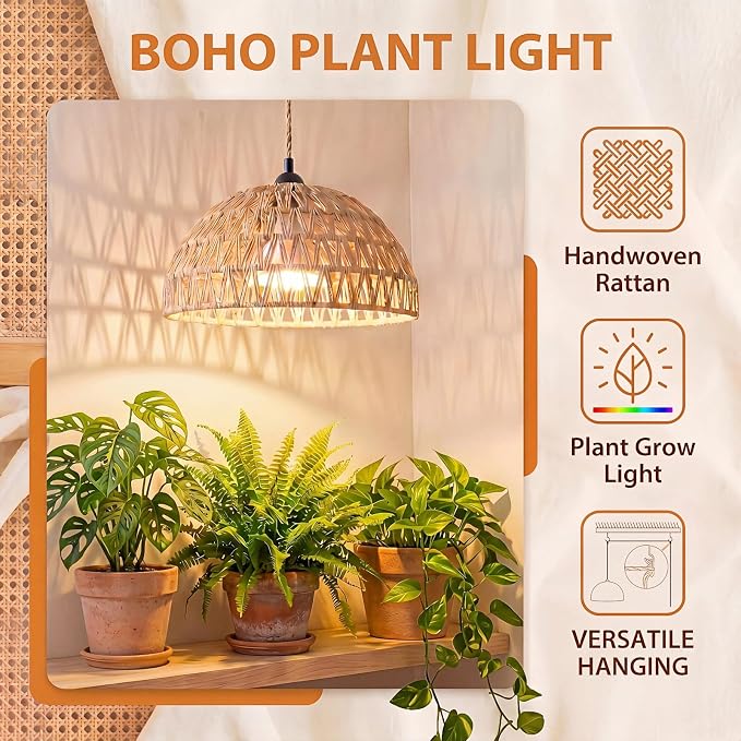 Boho Decorative Hanging Grow Light, Pendant Plant Light for Indoor Plants, Ceiling Grow Lamp with 24H Timer for Plant Corner Bedroom Living Room
