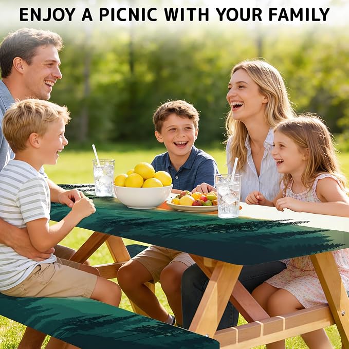 Picnic Table Cover with Bench Covers Elastic Edges, 3 Pcs Mountain View Fitted Table Cover with Drawstring Bag, Waterproof Windproof Aesthetic Camping Tablecloth, Outdoor Camping Essentials 72 Inch