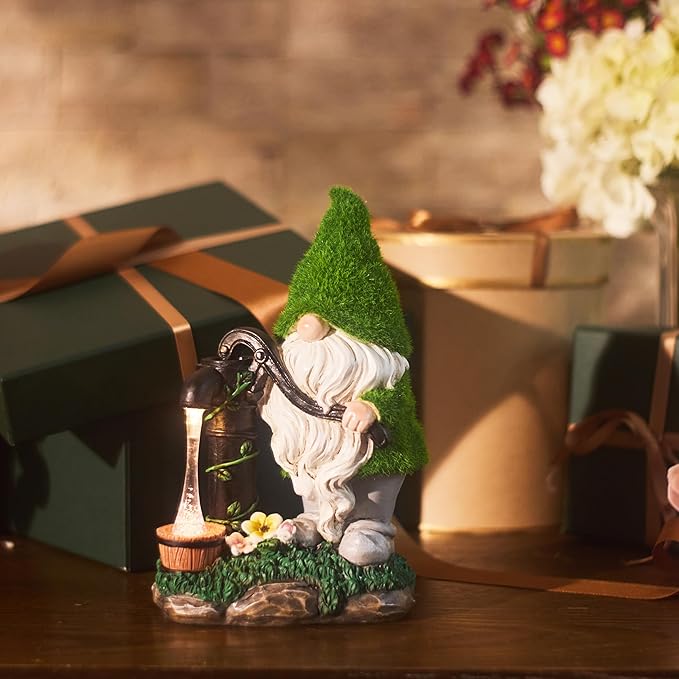 TERESA'S COLLECTIONS Garden Outdoor Decor, Garden Gnomes Decor with Solar Lights, St Patricks Decorations for Outdoor Decor, Waterproof Resin Decorations for Porch Patio, Gift for Dad and Mom, 9"