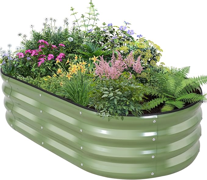Galvanized Raised Garden Bed Outdoor - 4×2×1ft Planter Raised Beds for Gardening | Oval Metal Garden Planter Box with Safety Edging and Gloves for Vegetables Fruits and Flowers OliveGreen