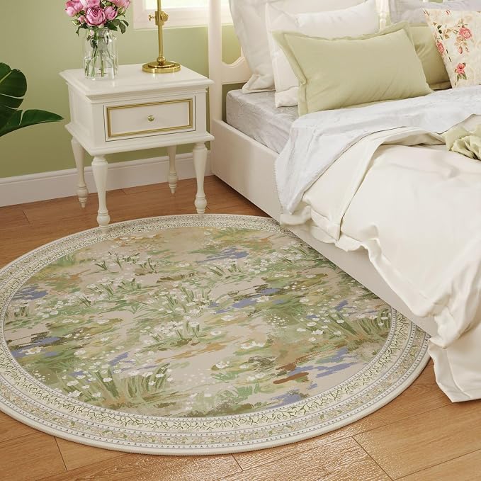 Rugcomf Circle Rug Impressionist-Style Vintage Round Rug 6ft Non Slip Low Pile Small Circular Rug for Bedroom Bathroom Entryway Kids Room Office College Dorm, Beige