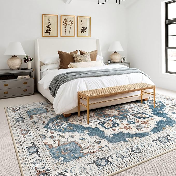 Washable Area Rug-10X12 Vintage Neutral Soft Vintage Blue | Non Slip Thin Foldable Large Floor Carpet for Living Room Bedroom Kitchen Dining Room Home Office Farmhouse Indoor