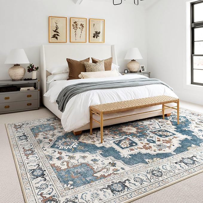 Washable Area Rug-10X14 Vintage Neutral Soft Vintage Blue | Non Slip Thin Foldable Large Floor Carpet for Living Room Bedroom Kitchen Dining Room Home Office Farmhouse Indoor
