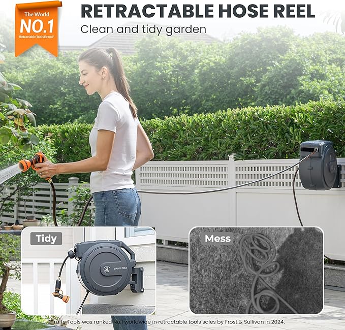 Giraffe Tools Retractable Garden Hose Reel, 5/8" x 90 ft Pro Wall Mounted Hose Reels with 180° Metal Bracket, Any Length Lock Hose Reel with 9- Function Sprayer Nozzle
