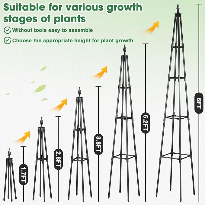 Obelisk Trellis for Climbing Plants, 6 FT Garden Trellises with 16mm Thickened Plastic-Coated Metal Pipes, Trellis for Climbing Potted Plant Vine Flower Rose Vegetable Tomato Cucumber Outdoor Indoor
