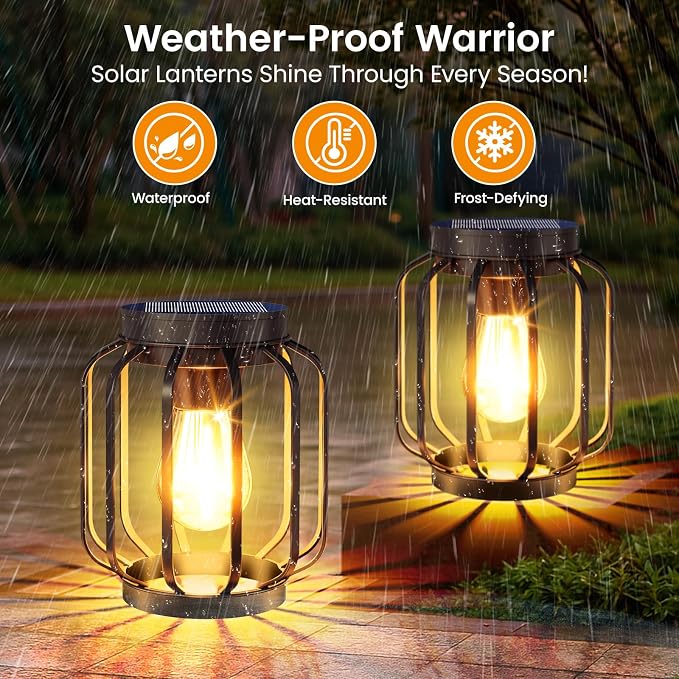Solar Lanterns Outdoor Waterproof 2 Pack, 14.37'' Metal Hanging Solar Lights for Outside with Auto On/Off & Hook - Brighter Hanging Outdoor Lanterns Decorative Lighting for Garden Patio Yard