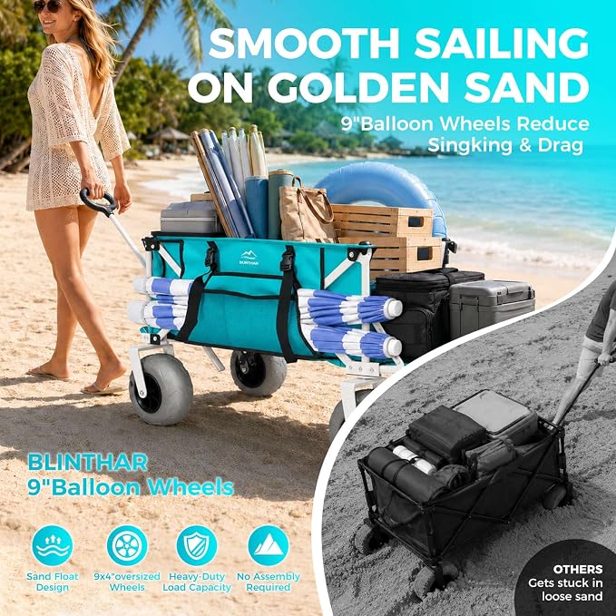 Heavy Duty Beach Wagon with 9" Big Sand-Proof Balloon Wheels, 200L Oversized Foldable Beach Cart, 440LBS Utility Wagon with Side Pocket for Sand,Camping,Vacation
