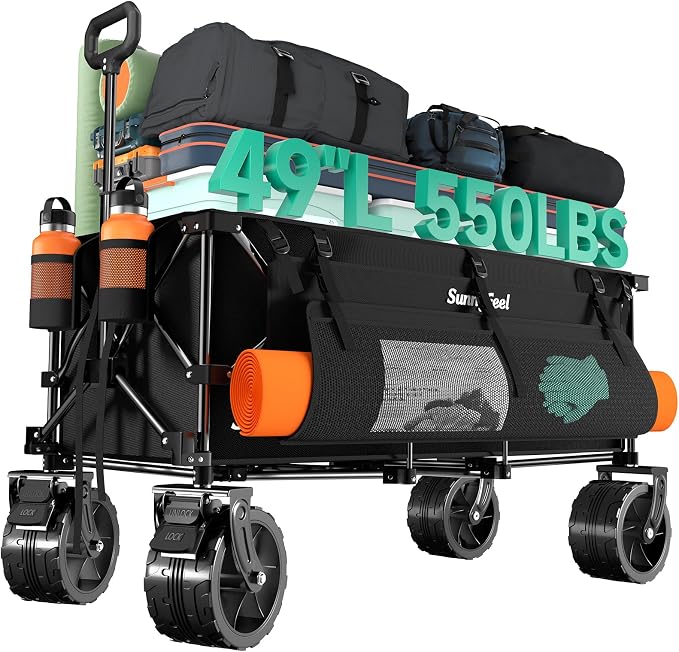 SUNNYFEEL 49" L Extended Wagon Cart Foldable - 550LBS Heavy Duty | Extra Long Collapsible Wagon with Big All-Terrain Wheels , Utility Carts for Camping, Beach, Groceries, Sports - Black
