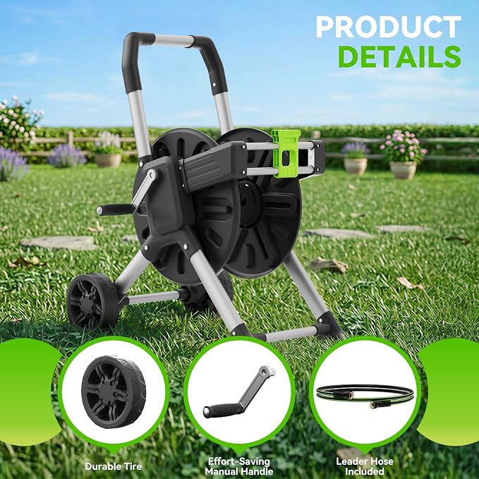 Upgrade Garden Hose Reel Cart, Holds 150 Feet of 5/8-Inch Hose, Hose Reel Cart With Effort-saving Hand Crank,Freestanding Water Hose Reels for Outside Garden Lawn Yard Outdoor