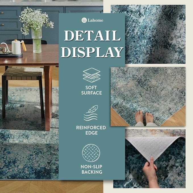 Lahome Modern Abstract Area Rug 5x7 Rugs for Living Room, Washable Accent Bedroom Rug Low Pile Non-Slip, Indoor Floor Contemporary Carpet for Kitchen Bathroom Laundry,Blue/Grey