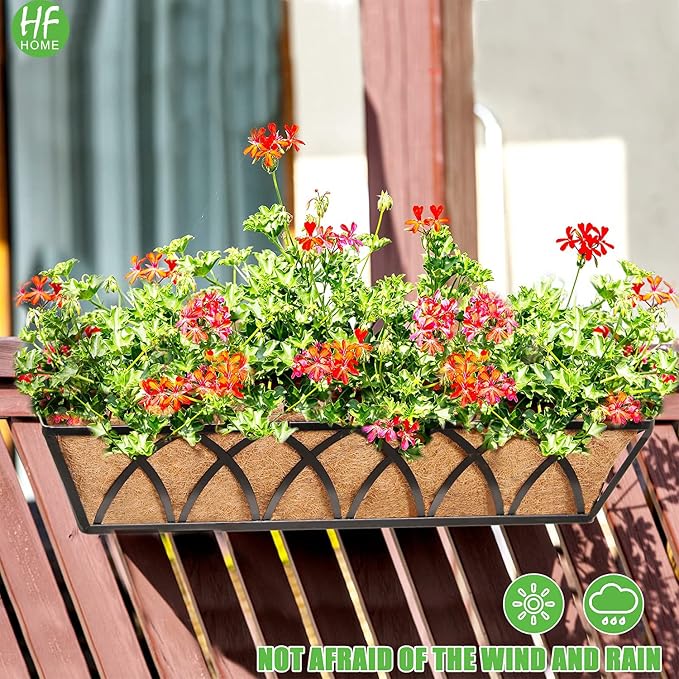 HFHOME 24 inch Railing Planter Box - 4 Pack Metal Window Trough with Coconut Coir Liners, Flower Basket for Deck Railings Balcony or Porch to Display Plants and Flowers