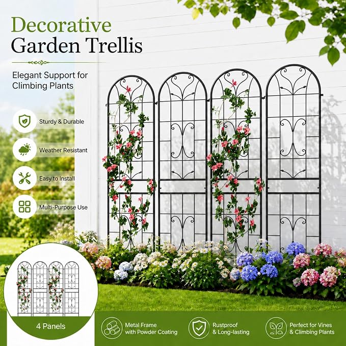2 Pack 87x20in Garden Trellises, Ornate Scrollwork Black Metal Coated Rustproof Trellis for Climbing Plants Outdoor, Roses, Vegetables, Vines, Cucumbers