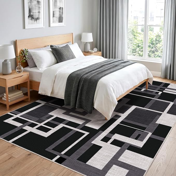 Pionblank Modern Geometric Area Rugs for Bedroom, Black White Grey 4x6 Rug | Charcoal Black Patchwork Blocks Indoor Carpet for Living Room Dining Room Office | Soft Low-Pile Floor Rug | Non-Slip