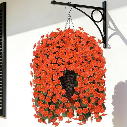 Artificial Fake Hanging Flowers Plants Baskets for Outdoor Outside, Faux Silk Orange Daisy Mums Trailing Vines in Planter Realistic UV Resistant for Balcony Porch Decor