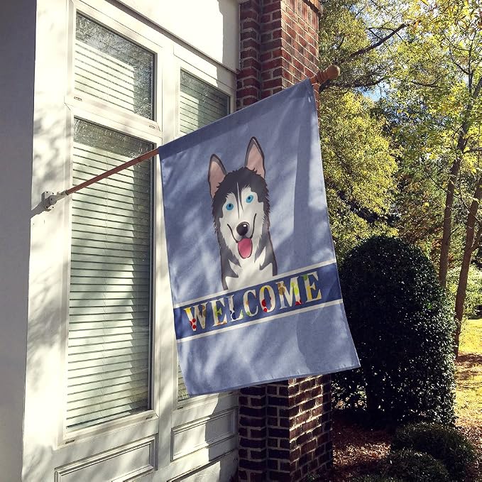 Caroline's Treasures BB1404CHF Alaskan Malamute Welcome House Flag, Blue Large Porch Sleeve Pole Decorative Outside Yard Banner Artwork Wall Hanging, Polyester, House Size, Multicolor