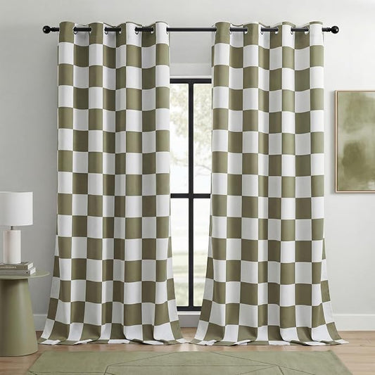 100% Blackout Checkered Curtains – 2 Panels, Each W52×L84, Thermal Insulated, Nosie Reducing for Bedroom, Modern Sage and White Checkerboard Design