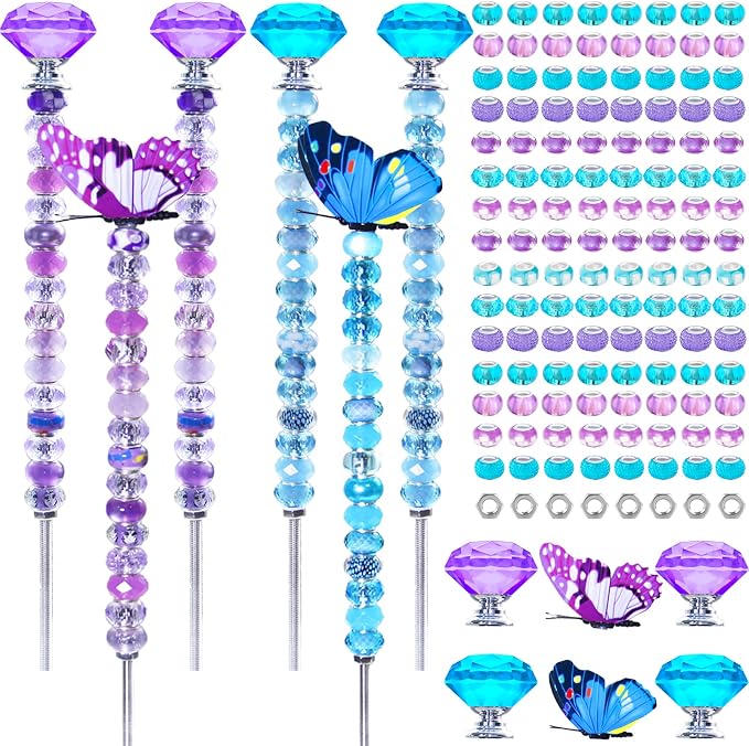 145 PCS Beaded Garden Stakes Kit, DIY Fairy Wand Garden Stake Beads Kits with Assortment Large Hole Beads 4 Crystal Stopper Top 2 Butterfly Tops and Threaded Rods for Outdoor Indoor Decor