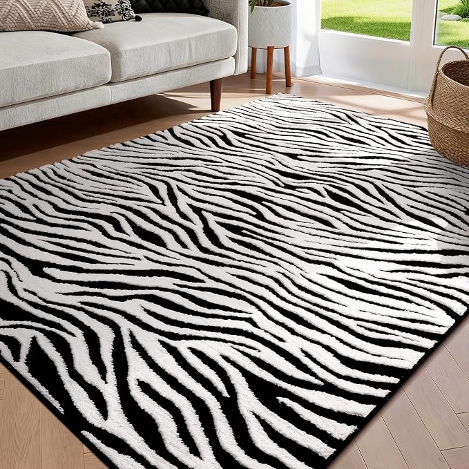 5×7 Ft Area Rugs, Black and White Modern Abstract Rug, Washable Plush Soft Zebra Print Carpet, Non-Slip Non-Shedding Rug for Living Room, Bedroom, Playroom, Home Office Decor