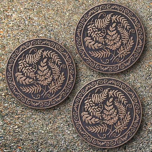 HF by LT Deluxe Rubber Stepping Stone, Fern Medallion Design, Heavy Duty 13"" All-Weather Garden Tile, Black with Antique Bronze Finish, Set of 3, TR0787