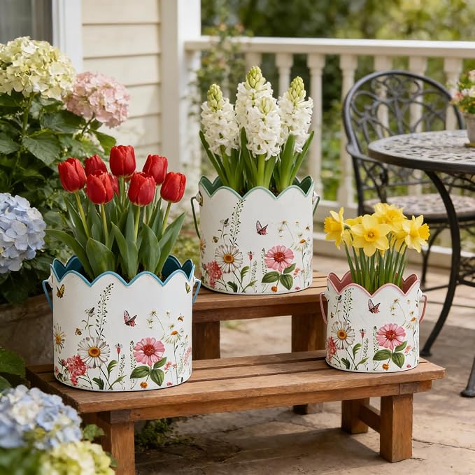 3-Piece Vintage Floral Metal Bucket Set, Scalloped Edge Multi-Size Planters for Flowers & Easter Egg Containers, Rustic Garden & Home Decor with Reinforced Metal Handles, Indoor & Covered Outdoor Use