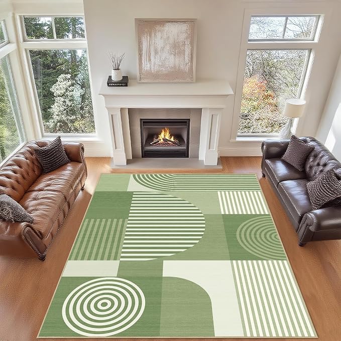 8x10 Area Rug for Living Room Green Geometric Rug Machine Washable Minimalist Line Mid Century Modern Area Rugs Non Slip Low Pile Large Dining Room Indoor Floor Carpet for Bedroom Kitchen Office,Green