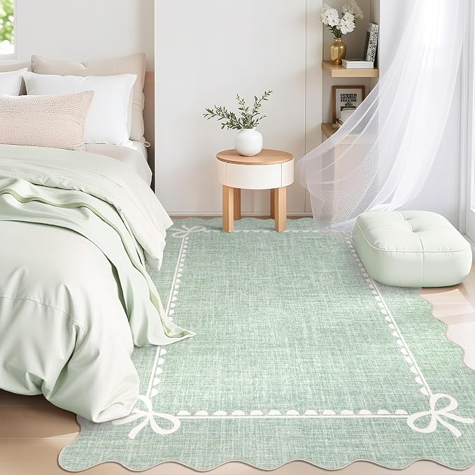 GarveeHome Scalloped Bow Rug 4x6 Washable Rugs for Living Room, Sage Green | Non Slip Soft Low Pile Indoor Carpet for Nursery Girls Bedroom Decor Hallway Kids Room College Dorm Playroom