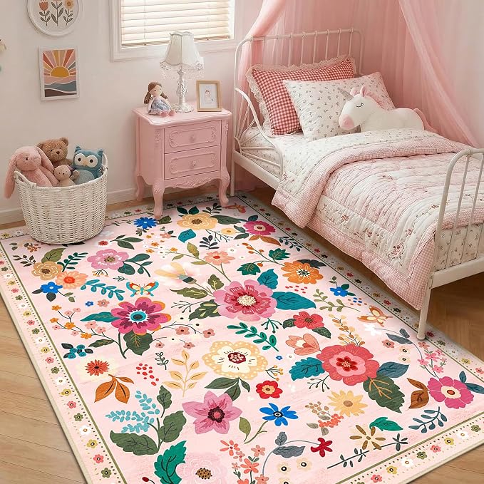 RELEANY Floral Washable 3x5 Area Rugs Pink | Flower Carpet, Print, Boho, Non-Slip, Easy to Clean, Soft, Low Pile for Living Room Bedroom Kitchen Office Entryway Hallway