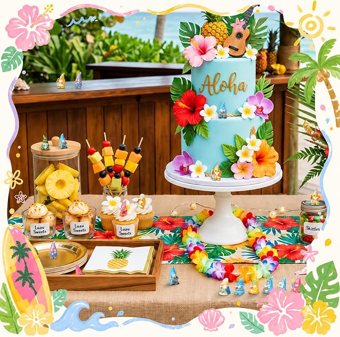 Yaomiao 60 Pcs Mini Hawaii Gnome Figurines Summer Tiny Resin Statues Starfish Plumeria Gnomes Figures Resin Gnome Decorations for Beach Hawaiian Party Favor Gift Tiered Tray Decor