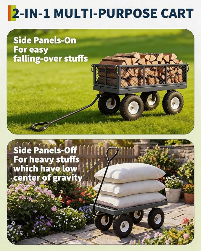GarveeTech 1000LBS Heavy Duty Steel Garden Cart, Garden Wagon Cart on Wheels, Metal Yard Utility Wagon with Removable Mesh Sides, 13" All Terrain Tires, 180° Rotating Handle for Lawn, Garden, Farm