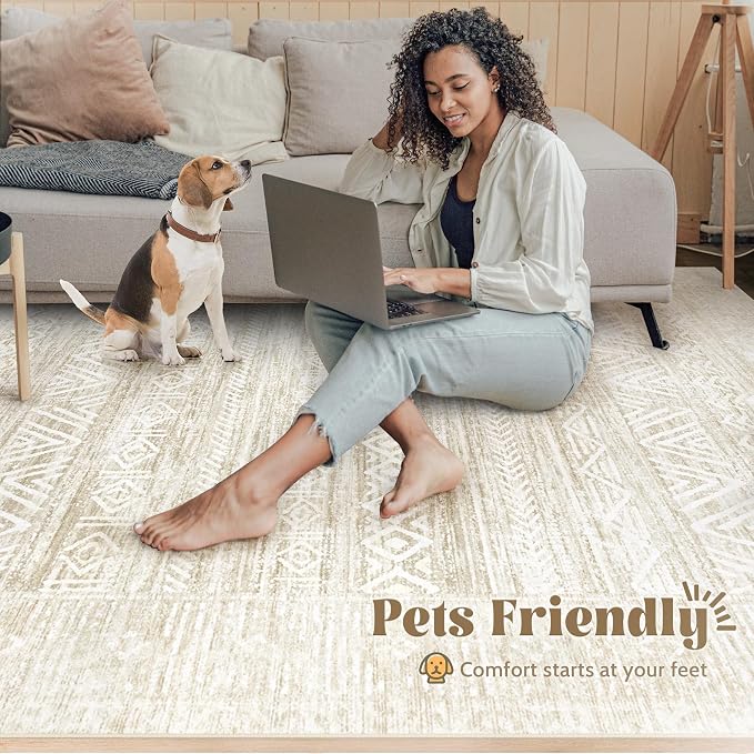 Washable Area Rug 5x7: Moroccan Rug for Living Room Geometric Boho Rug Farmhouse Non Slip Stain Resistant Rugs Low Pile Soft Carpet for Bedroom Dining Room Home Office Kids Room (Ivory Beige,5'x7')