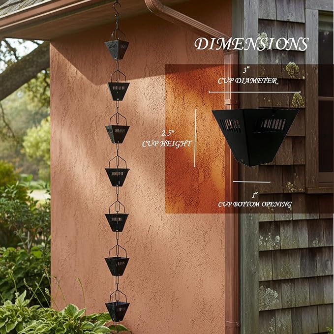 8.5 Ft Black Hollow Rains Chains,Apply Rain Chains for Gutters Outdoor | Replaces the Traditional Drainage Ditch, Ensuring Smooth Water Flow, Uniform Cup Mouth Size, Rust Prevention, Durability