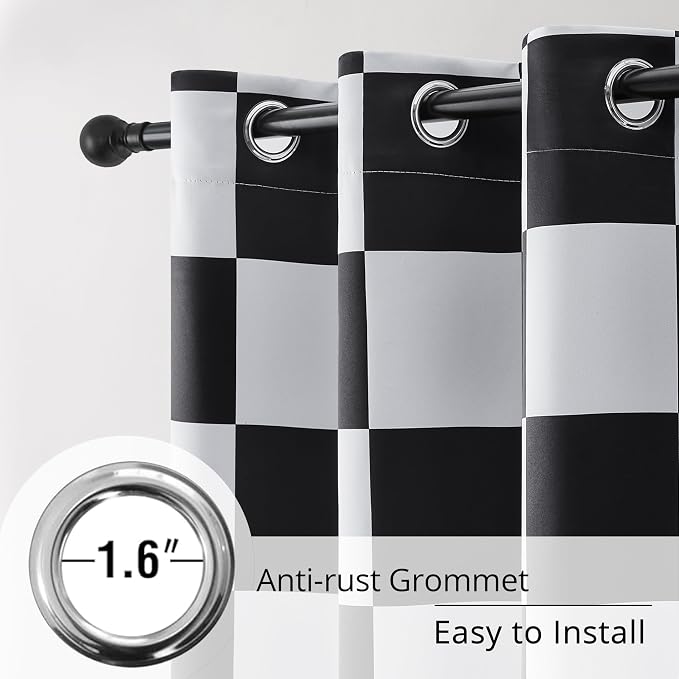 100% Blackout Curtains – Black and White Checkered Race Flag Pattern, 2 Panels, Each W42×L54, Thermal Insulated, Nosie Reducing for Bedroom, Living Room, Race car Drapes