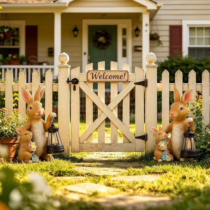Solar Bunny Garden Statue with LED Lantern, Waterproof Resin Figurine | for Tabletop, Patio, Lawn & Easter Garden, Cute Outdoor Decor, Unique Housewarming & Birthday Gift for Women, Mom & Grandma