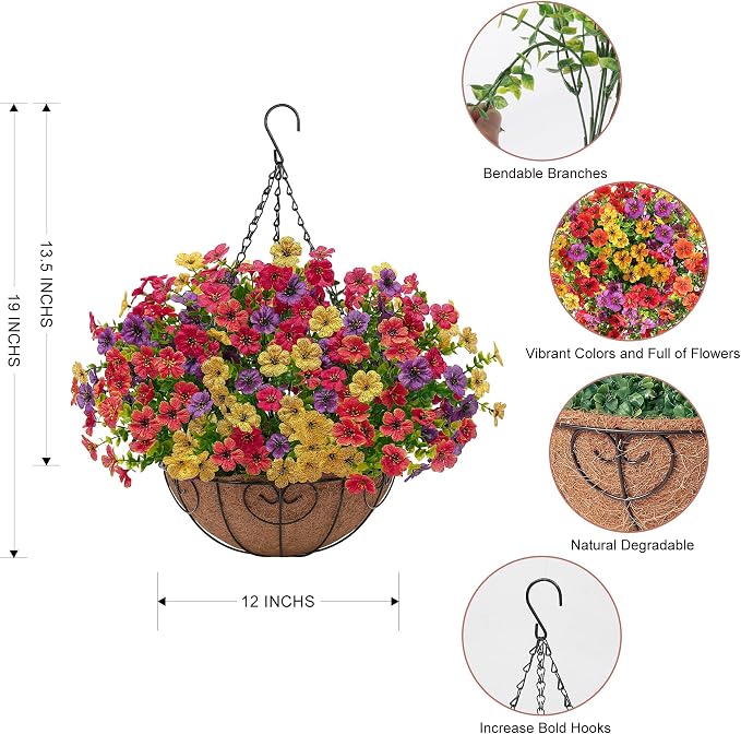 Artificial Faux Hanging Flowers Plants Basket for Outdoors Outside Spring Summer Decoration,Hanging Planters with Silk Fake Flowers Realistic UV Resistant Balcony Porch Garden Patio Home(4 Multicolor)