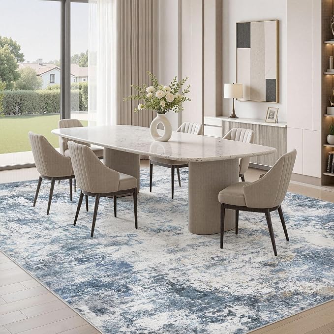 DMOYEST 7x9 Area Rug for Living Room Washable Abstract Indoor Carpet | Neutral Modern Low Pile Rugs Kid & Pet Friendly Large Soft Thin Carpet for Bedroom Dining Room - Blue