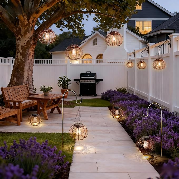 Hanging Solar Lanterns Outdoor Waterproof, Vintage Copper Hanging Lights, Solar Chandelier for Yard Garden Gazebo Pergola Porch Decor, 2 Pack
