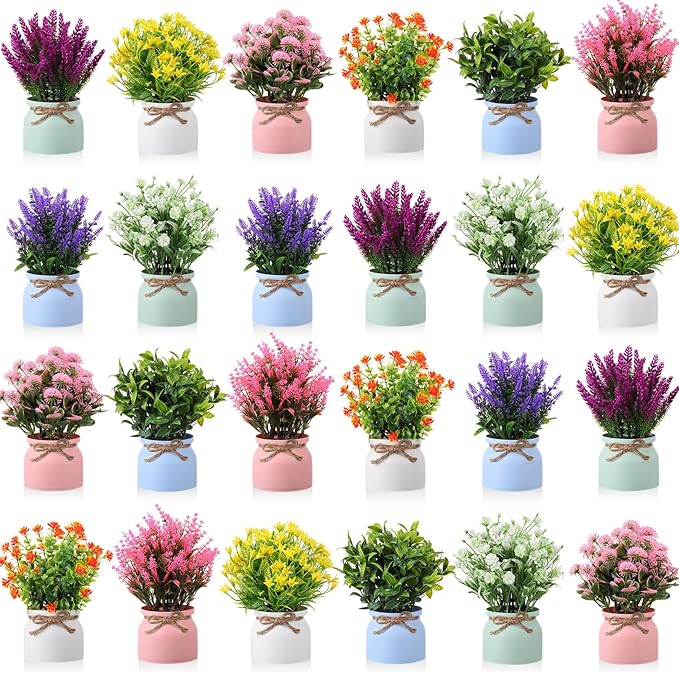 Cindeer 24 Pcs Large Artificial Potted Flowers Fake Potted Plants Plastic Faux Flowers for Home Decor Indoor Artificial Plants in Pots for Wedding Home Desk Tabletop Outdoor Office Kitchen (Colorful)
